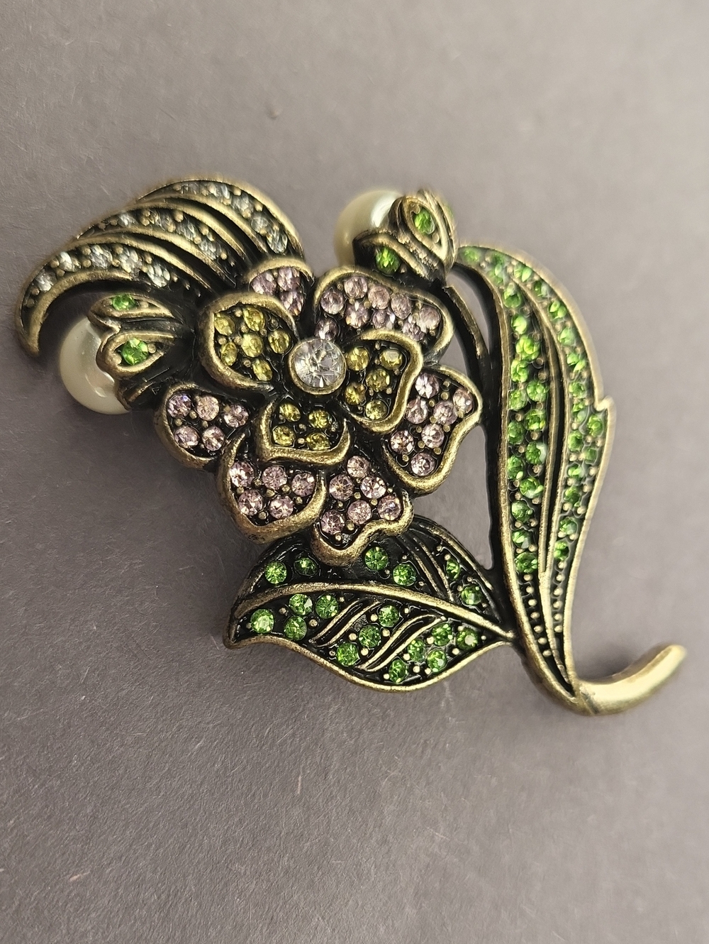 Floral Crystal Brooch Pin in Green and Pink
